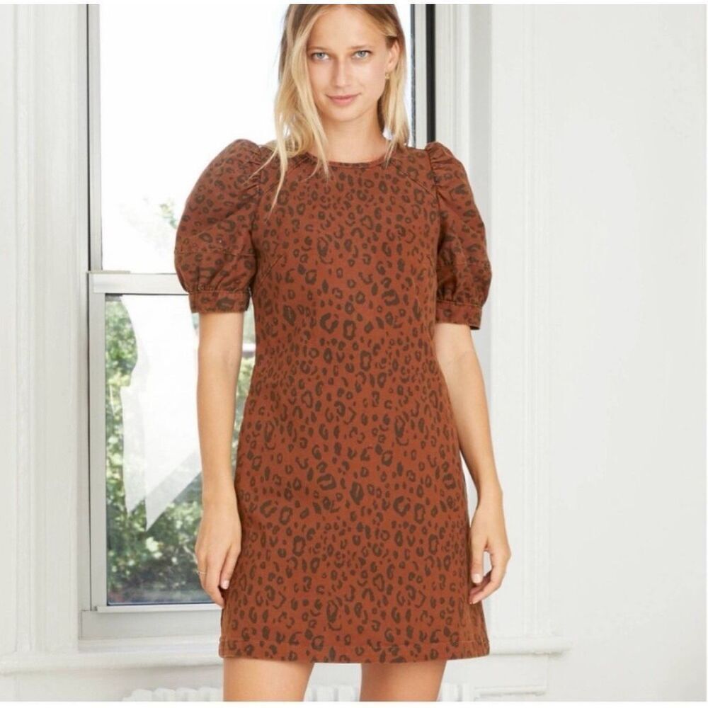 NWT Universal Thread Leopard Print Puff Sleeve Structured Denim Dress Size 2
